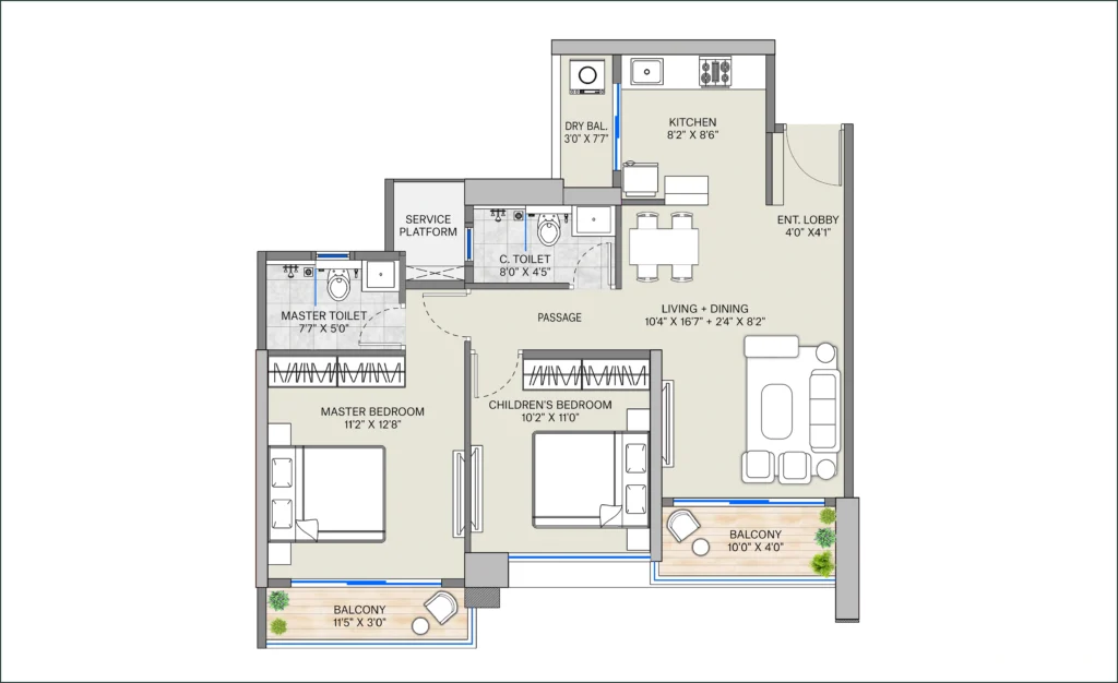 Grand 2 BHK Floor Plan